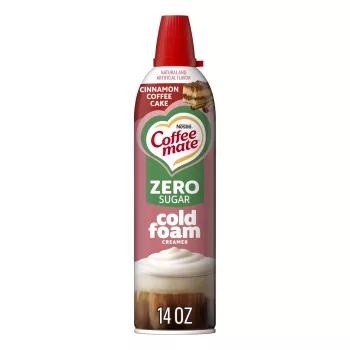 Front Center view of Coffee mate® Zero Sugar Cinnamon Coffee Cake Cold Foam Creamer, 14oz Can NET WT 14 oz (396 g) product.