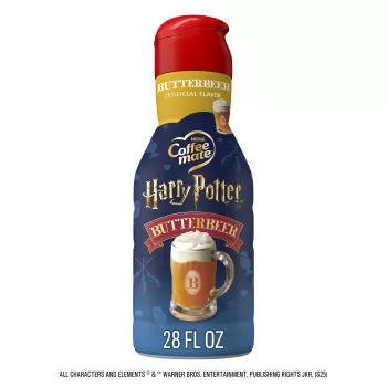 Front Center view of NESTLE COFFEE MATE Liquid Creamer Butter Beer 28floz Bottle 28 FL OZ (1.75 PT) 828 mL product.