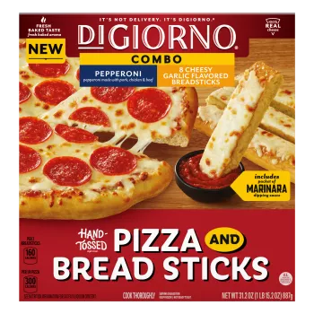 Caja roja con las etiquetas de DIGIORNO Hand-Tossed Pepperoni Pizza y Cheesy Garlic Breadsticks alineadas en el centro.