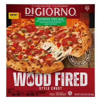 Front Center view of DIGIORNO Frozen Wood Fired Pizza Supreme 17.1oz Box NET WT 17.1 oz (1 lb. 1.1 oz) 485g product.