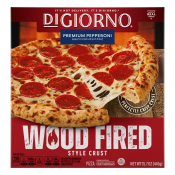 Front Center view of DIGIORNO Frozen Wood Fired Pizza Four Cheese 14.6oz Box NET WT 14.6 oz (414g) product.