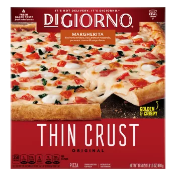 Front Center view of DiGiorno DiGiorno Pizzeria Thin Hand Tossed Margherita 12in Frozen Pizza 17.5oz Box NET WT 17.5 OZ (1LB 1.5OZ) 498G product.