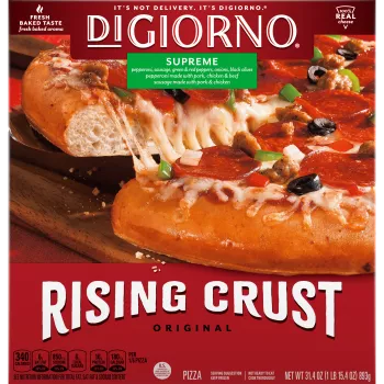 Box of DiGiorno Rising Crust Supreme pizza with pizza on a cutting board and the Rising Crust logo.