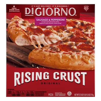 Box of DiGiorno Rising Crust Sausage & Pepperoni pizza with a slice on a cutting board and the Rising Crust logo.