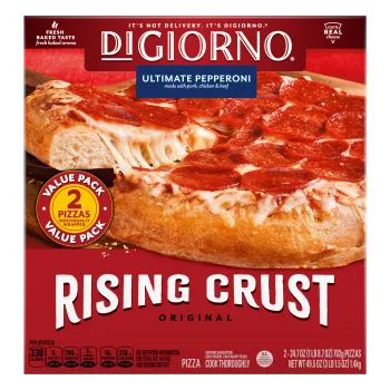 Front Center view of DIGIORNO Frozen Snack RisingCrust Pepperoni 12in MP6(2x24.7oz) Carton 2 - 24.7 oz (1 lb 8.7 oz) 702 g PIZZASNET WT 49.5 oz (3 lb 1.5 oz) 1.4 kg product.