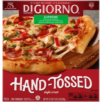 Box of DiGiorno Hand-Tossed Supreme Pizza with pizza on a cutting board, a metal spatula, and the Hand-Tossed Style logo.