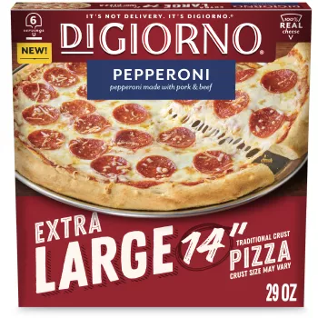 Front Center view of DiGiorno Extra Large Traditional Crust Pepperoni Frozen Pizza 14 in 29.0 oz Box NET WT 29 oz (1 lb 13 oz) 822 g product.