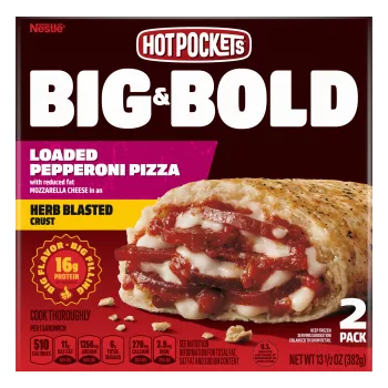 Box of BIG & BOLD Pepperoni Hot Pockets® with the product name, product image and a “2 Pack” label in the corner.