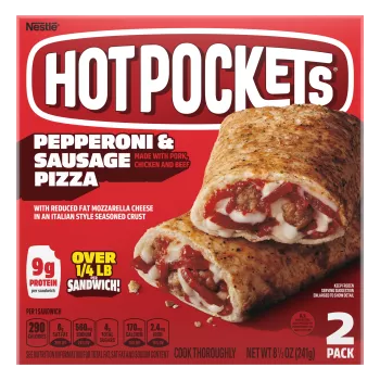 Caja de Hot Pockets Hot Ones™ hot habanero pepperoni & sausage con logos de Hot Ones y Los Calientes Rojo y picor medio