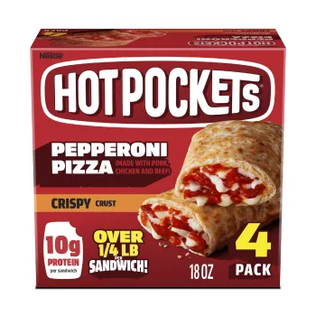 Vista frontal centrada de paquete con peso neto de 18oz (1 lb 2 oz) 510 g de 4 Hot Pockets sabor Pepperoni con masa crocante.