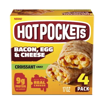 Vista frontal centrada de caja de 17oz (1 lb 1 oz) 481 g con 4 Hot Pockets congelados sabor Bacon Egg and Cheese.