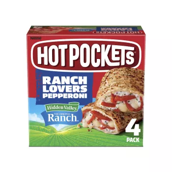 Vista frontal centrada de caja con peso neto de 17oz (1 lb 1 oz) 481 g de 4 Hot Pockets Hidden Valley Ranch Lovers Pepperoni.