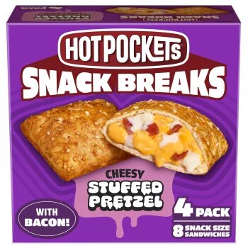 Front Center view of Hot Pockets Snack Breaks Cheesy Stuffed Pretzel (Pretzel Crust) Frozen Sandwich 16 oz 4 Pack Box NET WT 16 oz (1 lb) 453 g product.