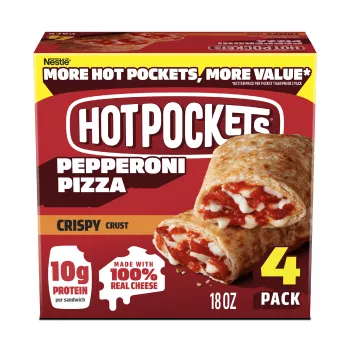 Vista frontal centrada de paquete con peso neto de 18oz (1 lb 2 oz) 510 g de 4 Hot Pockets sabor Pepperoni con masa crocante.