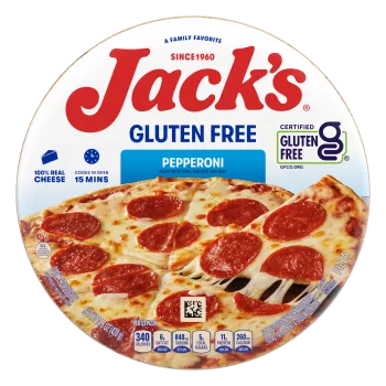 Front Center view of Jacks Pizza Gluten Free Crust Pepperoni 12in Frozen Pizza 14.8oz Box product.