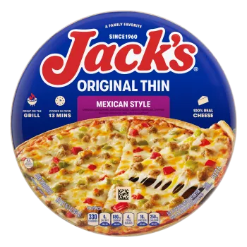 Imagen frontal centrada de una caja de pizza congelada JACK'S Mexican Style con masa fina original de 15.3 oz (435 g).