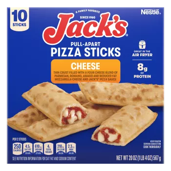 Paquete de palitos de pizza de queso Pull-Apart con el producto y que lee Ideal para freidora de aire y 8g de proteínas.