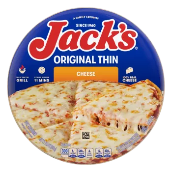 Un empaque de pizza de queso con una etiqueta naranja, una espátula que levanta una porción de pizza y el logotipo de Jack's sobre un fondo azul.