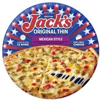 Imagen frontal centrada de una caja de pizza congelada JACK'S Mexican Style con masa fina original de 15.3 oz (435 g).