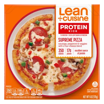 A box of Supreme Pizza with a Protein Kick label near a crispy pizza with Italian sausage, pepperoni, mushroom, and peppers.