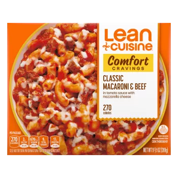 A box of Classic Macaroni and Beef with a Comfort Cravings label near a bowl of macaroni with a beef tomato sauce.