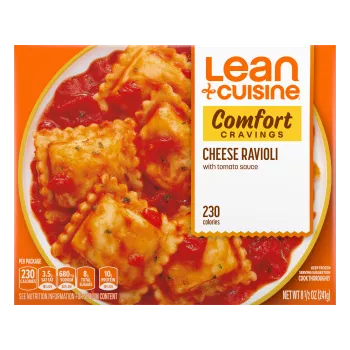 A box of Cheese Ravioli with a Comfort Cravings label near a bowl of cheese ravioli covered in marinara.