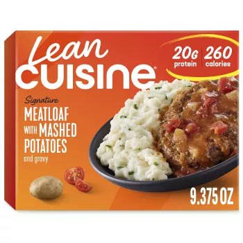 Box of Meatloaf with Mashed Potatoes with a Protein Kick label and 20g of protein badge.