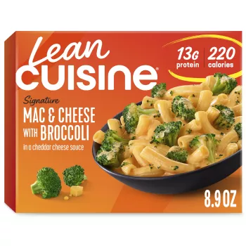 Front Center view of Lean Cuisine Macaroni and Cheese with Broccoli Frozen Entrée 8.9oz Box NET WT 8.9 OZ (253g) product.