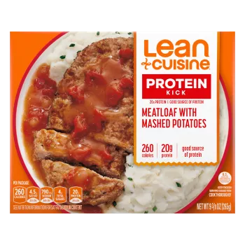Caja de Meatloaf with Mashed Potatoes que lee Toda la energía de las proteínas y 20 g de proteína.