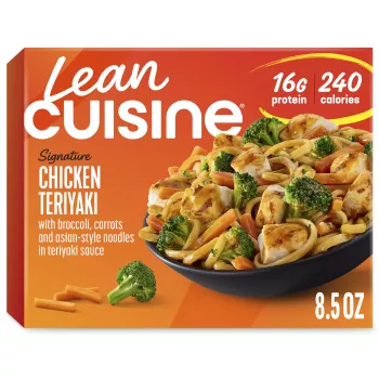 A box of Chicken Teriyaki with Protein Kick label with 260 calories, 18 grams of protein and half cup of veggies near a bowl of noodles with teriyaki chicken and vegetables.