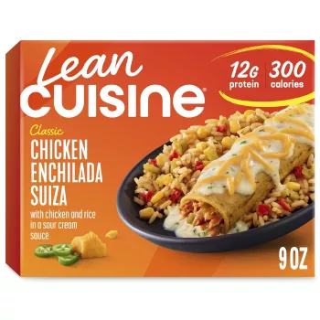 A box of Chicken Enchilada Suiza with a Comfort Cravings label near a bowl of chicken enchilada and Mexican-style rice.