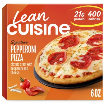 A box of Pepperoni Pizza with a Protein Kick label near crispy crust pizza with pepperoni, basil, garlic and cheese.
