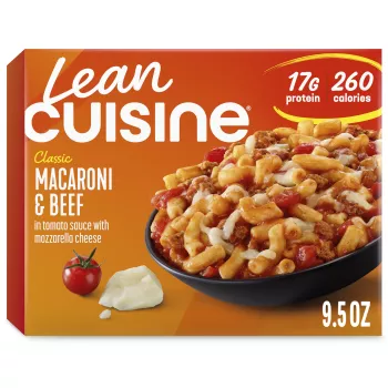 Front Center view of Lean Cuisine Macaroni and Beef Frozen Entrée NET WT 9 1/2 OZ (269 g) product.