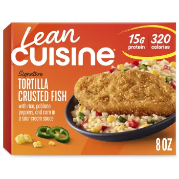 Front Center view of LEAN CUISINE Tortilla Crusted Fish Frozen Entrée 8oz NET WT 8 oz (226 g) product.