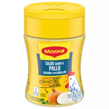 A canister of Granulated Chicken Bouillon with a yellow label with an illustrated chicken carrying a basket.