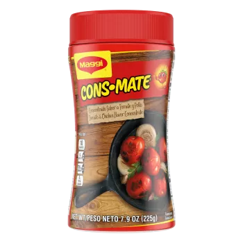 Vista frontal centrada de envase de Concentrado Cons-mate sabor Tomato and Chicken de Maggi con PESO NETO 7.9 oz (225 g).