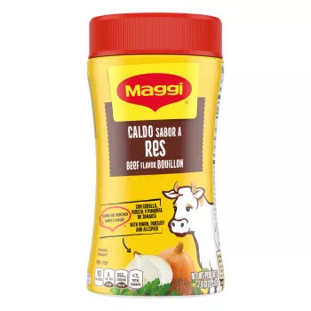 A canister of Granulated Beef Bouillon with a dark red and yellow label near an illustrated bull.