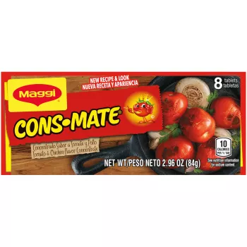 Vista frontal centrada de envase de Concentrado Maggi Consmate sabor Tomato and Chicken con PESO NETO 2.96 oz (84 g).