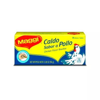 Front view of packaging for MAGGI Chicken Bouillon 8 Soft Tablets with an illustrated chicken on dark blue and yellow label.