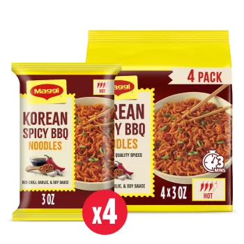 Vista frontal centrada de un paquete de 4 de fideos Maggi sabor Korean Spicy BBQ Noodles.