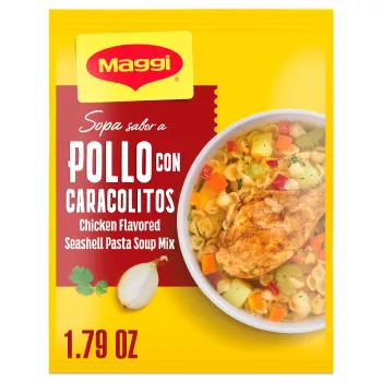Paquete amarillo con el logo de Maggi y etiqueta roja a la izquierda con una olla de sopa de pollo y fideos a la derecha.