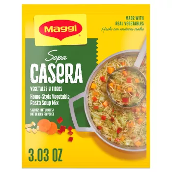 Paquete amarillo con el logo de Maggi y etiqueta verde a la izquierda con una olla de sopa de vegetales a la derecha.