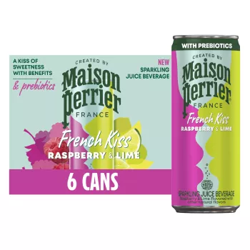 Front Center view of MAISON PERRIER French Kiss Flavored Water RASPBERRY LIME 6-11.15 FL OZ (330 mL) CANS (66.9 FL OZ [2.09 QT] [1.98 L] TOTAL) product.