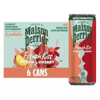 Front Center view of MAISON PERRIER French Kiss Flavored Water Peach Cherry 6x330ml 6-11.15 FL OZ (330 mL) CANS (66.9 FL OZ [2.09 QT] [1.98 L] TOTAL) product.