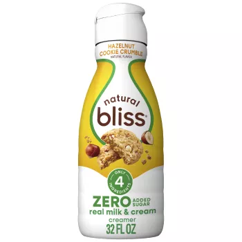 Front Center view of natural bliss Hazelnut Cookie Crumble, Zero Sugar Added, Liquid Dairy Creamer, 32 fl oz 32 FL OZ (1 QT/946 mL) product.