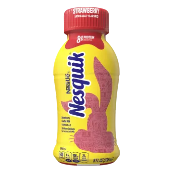 A yellow bottle with a red cap and a red silhouette of the Nesquik bunny’s head.