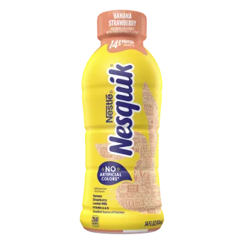 A yellow bottle with a pink cap and a pink silhouette of the Nesquik bunny’s head.