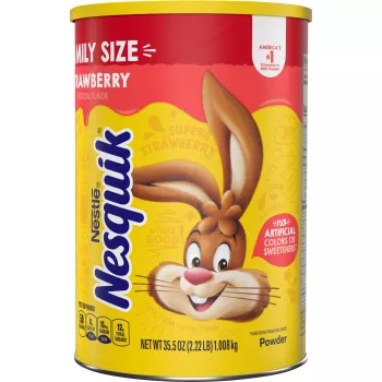 Un envase amarillo con el conejo de Nesquik y una etiqueta roja en la parte superior.