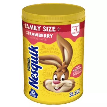 Un envase amarillo con el conejo de Nesquik y una etiqueta roja en la parte superior.