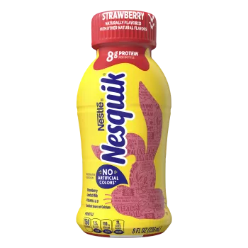 Una botella amarilla con tapa roja y una silueta roja de la cabeza del conejo de Nesquik.